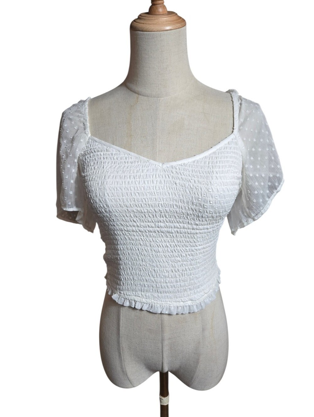 Abercrombie & Fitch CottagecoreWhite Smocked Crop Top with Flutter Sheer Sleeves